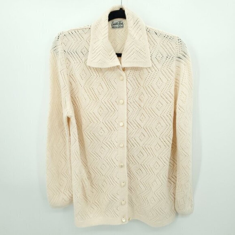 VTG Cuddle Knits Button Front Pointelle Cardigan/Knit Top L/XL Ivory